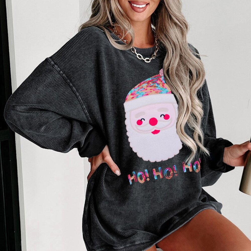 B228 Black Sequin HoHoHo Santa Graphic Corded Sweatshirt